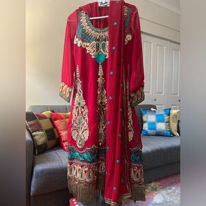 Dark red, full body embroidery, Indian suit.